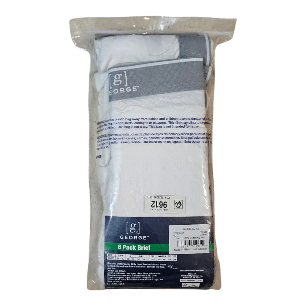 George Men's Briefs 6 Pack Size 3XL White Cotton Tag-Free NEW